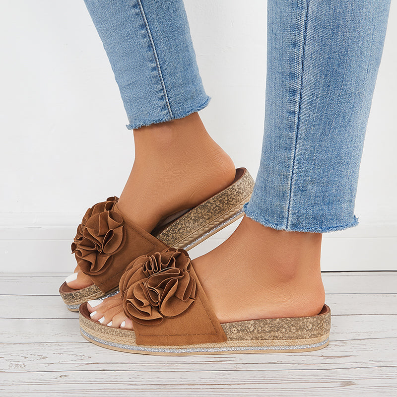 Flower Open Toe Cork Platform Slide Sandals Flat Slippers