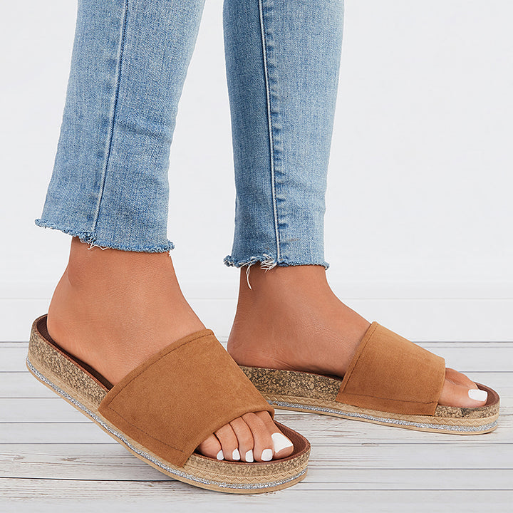 Women Cork Sole Slide Sandals Open Toe Slip on Platform Shoes