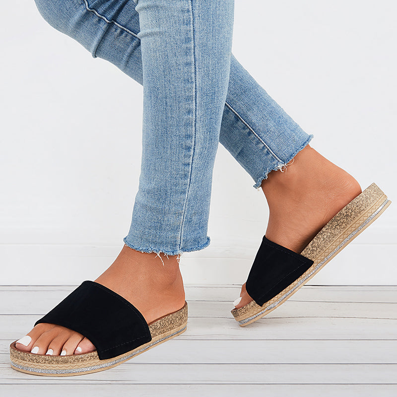 Women Cork Sole Slide Sandals Open Toe Slip on Platform Shoes