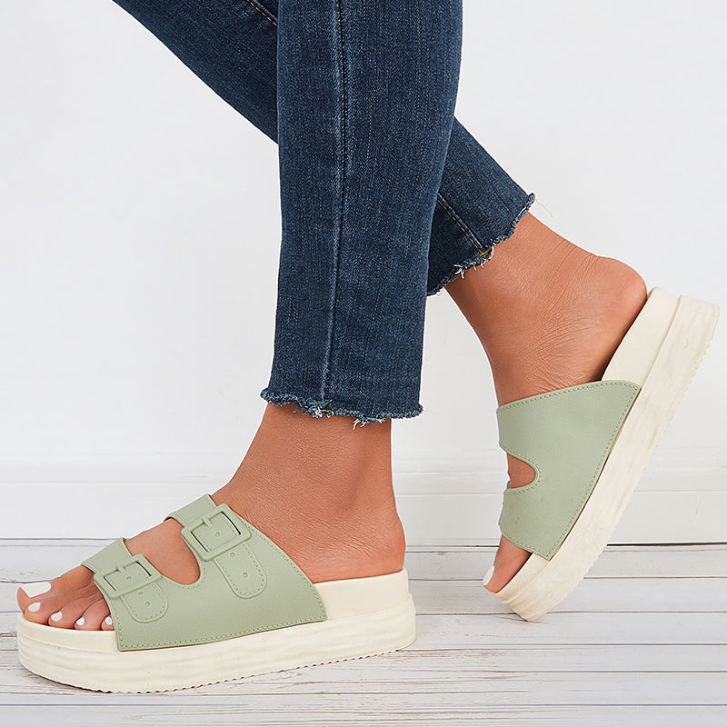 Platform Slippers Slides Double Buckle Open Toe Soft Sole Sandals