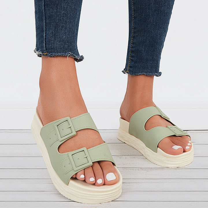 Platform Slippers Slides Double Buckle Open Toe Soft Sole Sandals