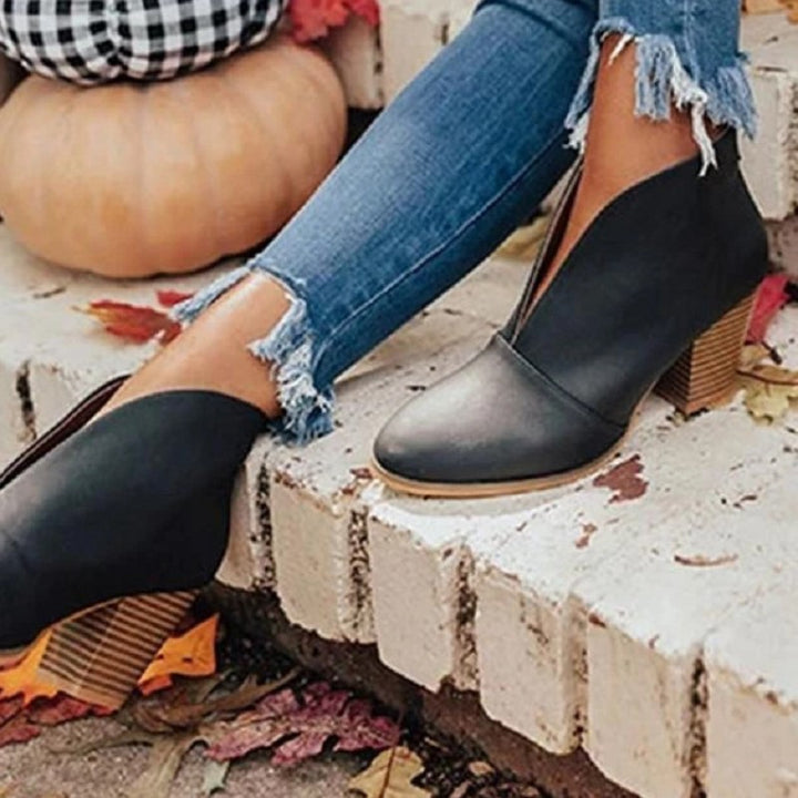 Retro Western V Cut Ankle Boots Slip On Chunky Stacked Heel Booties
