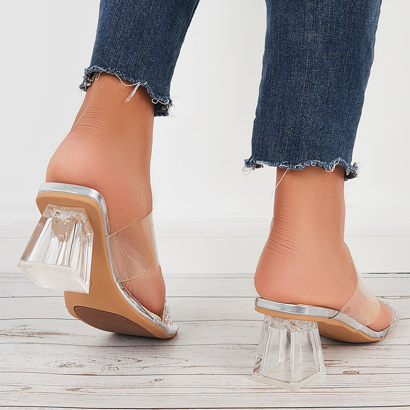 Clear Heeled Sandals Transparent Strap Chunky High Heel Slides