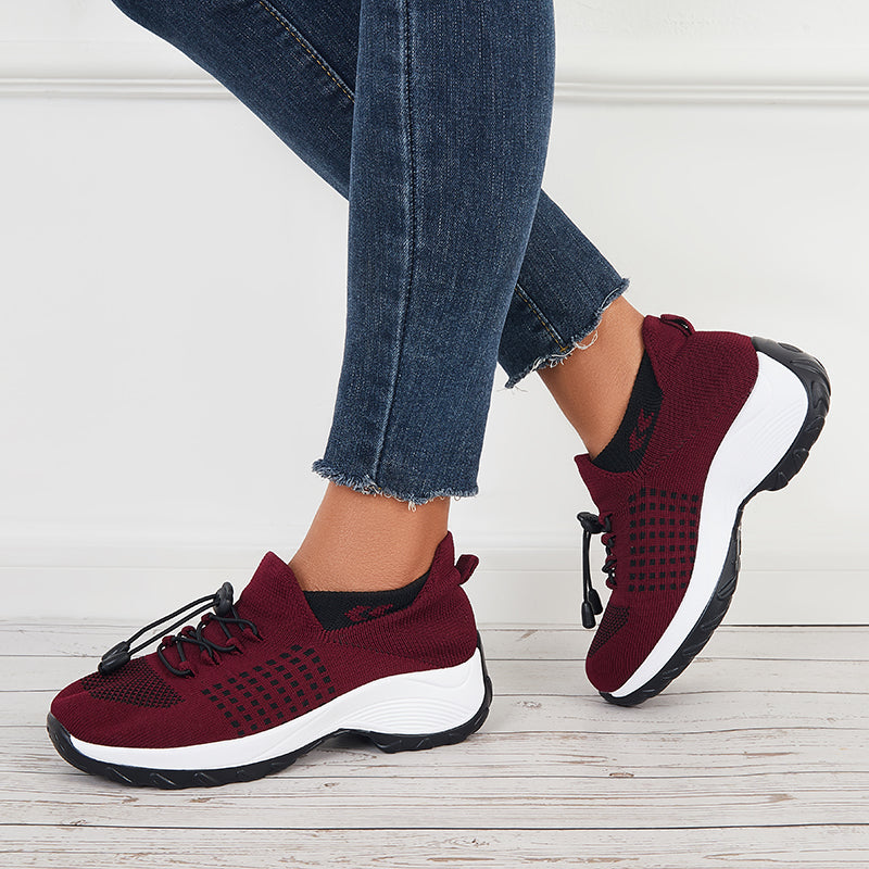 Stretch Knit Lace Up Chunky Sneakers Platform Walking Shoes