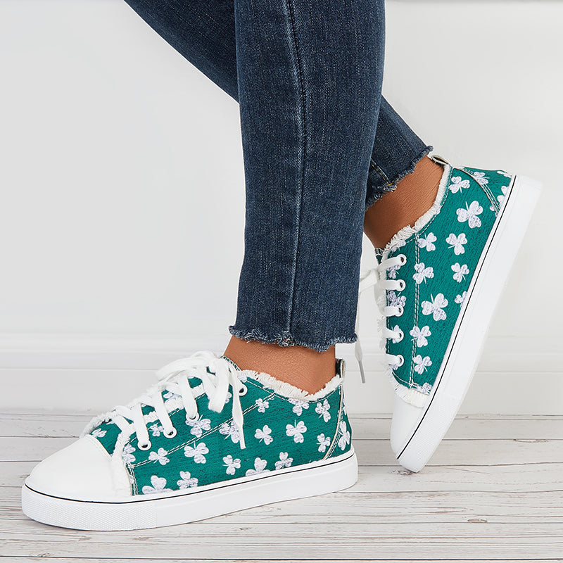 Floral Print Lace Up Canvas Shoes Flat Walking Sneakers