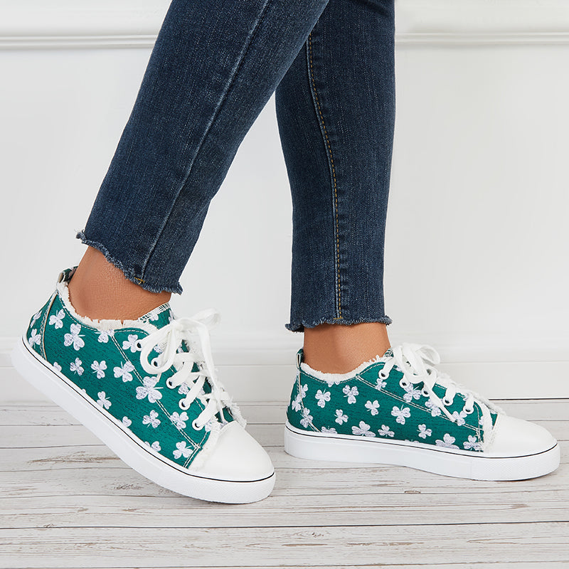 Floral Print Lace Up Canvas Shoes Flat Walking Sneakers
