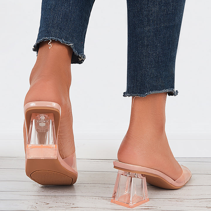 Clear Square Toe Block Heel Mules Backless Slide Sandals