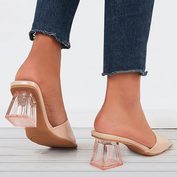 Clear Square Toe Block Heel Mules Backless Slide Sandals