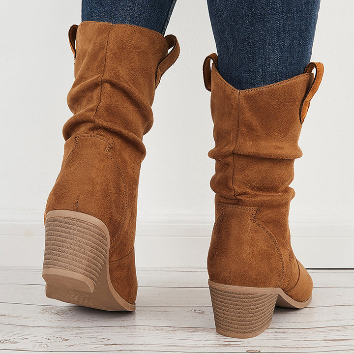 Suede Pull-On Western Ankle Boots Block Stacked Heel Booties