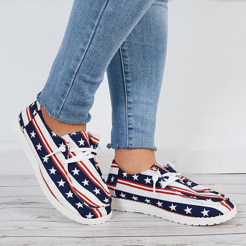 Star Print Stripe Lightweight Sneakers Lace Up Canvas Shoes