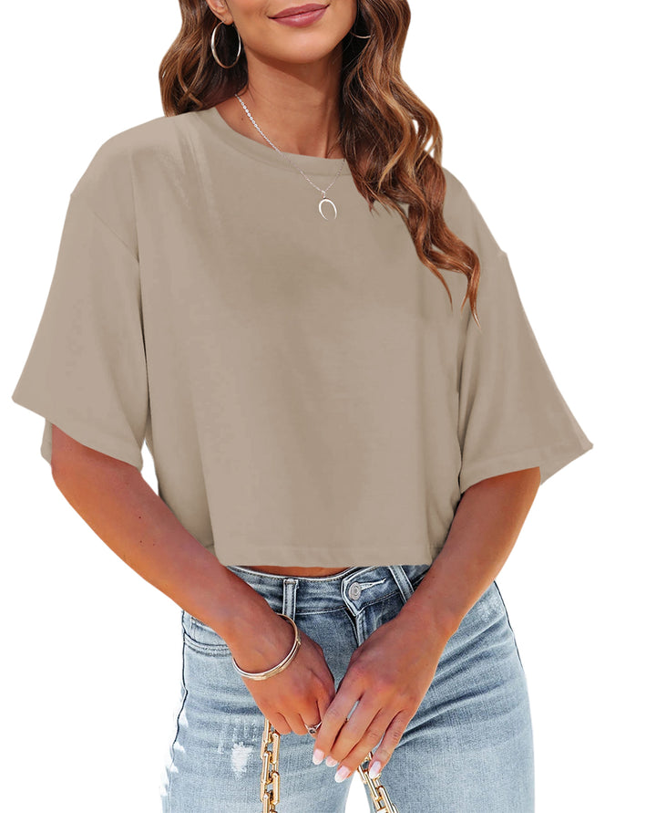 Tankaneo Women Half Sleeve Cropped T-Shirts Drop Shoulder Round Neck Crop Tops Casual Summer Solid Color Basic Tees