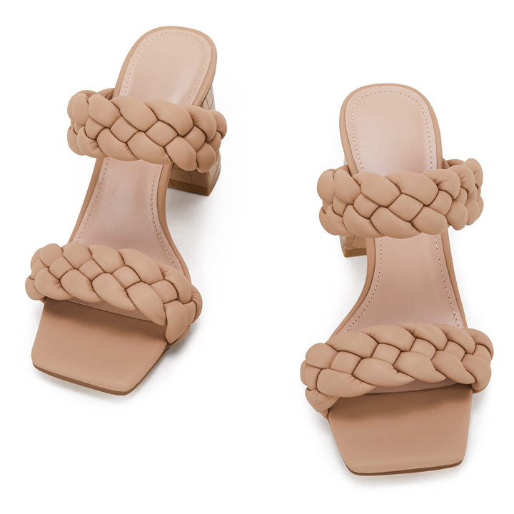 Syktkmx Womens' Braided Heeled Sandals Backless Square Open Toe Block Slide