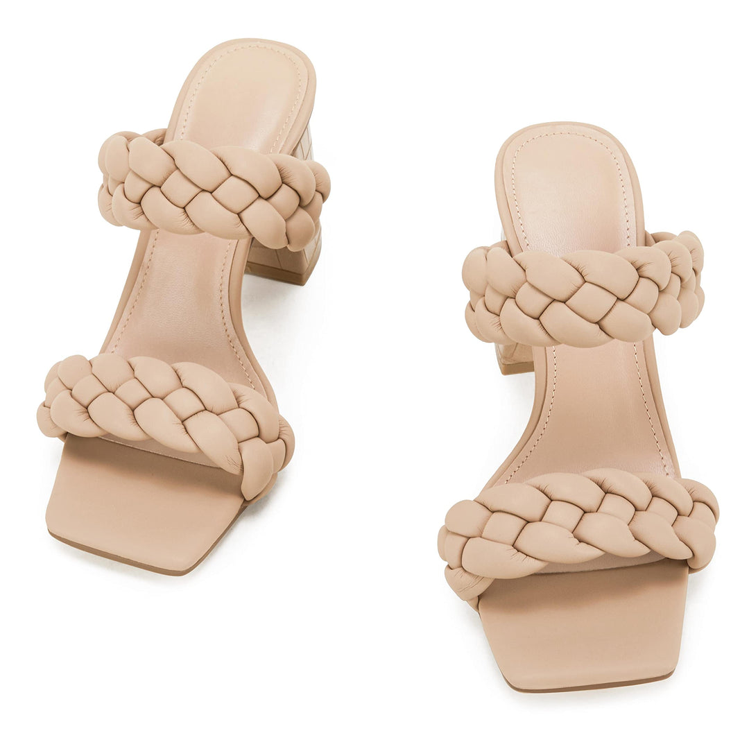 Syktkmx Womens' Braided Heeled Sandals Backless Square Open Toe Block Slide