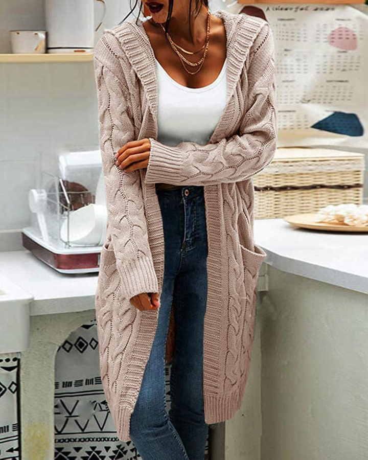 Bwogeeya Women Hooded Open Front Cardigan Cable Knit Sweaters Solid Color Chunky Long Sweater Coats