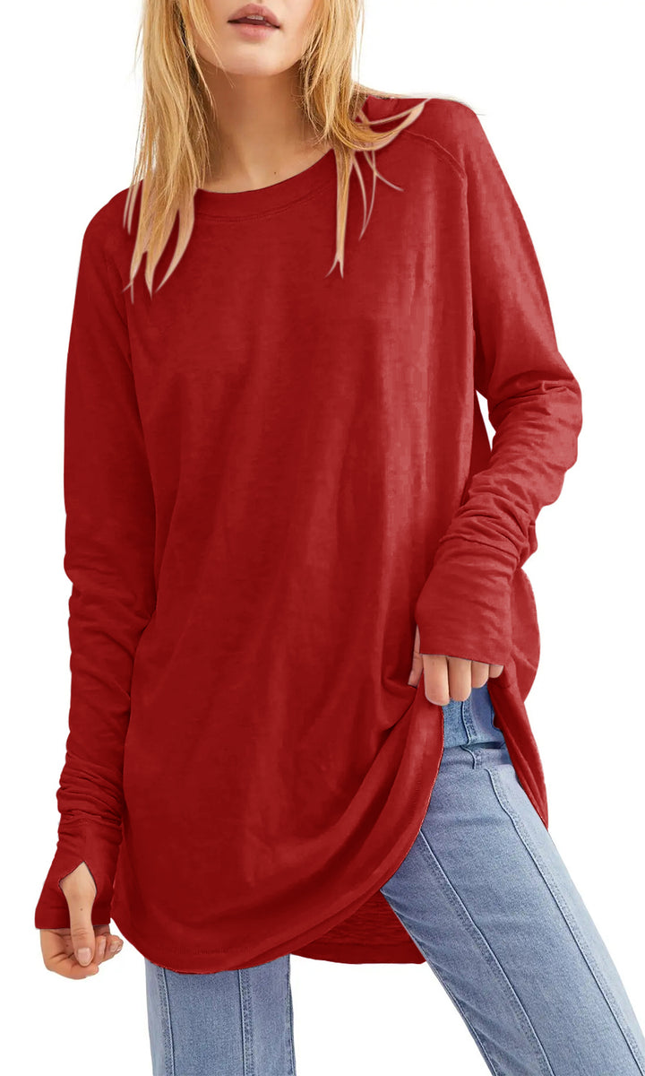 Fisoew Women's Casual Long Sleeve Tops Crew Neck Round Hem Loose T-Shirts Tunic Tops with Thumb Holes