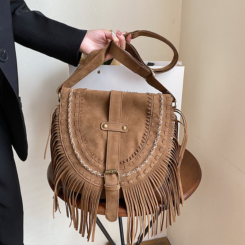 Boho Style Fringe Crossbody Bag Vintage Suede Shoulder Bag Cowgirl Style Tassel Flap Hobo Bag