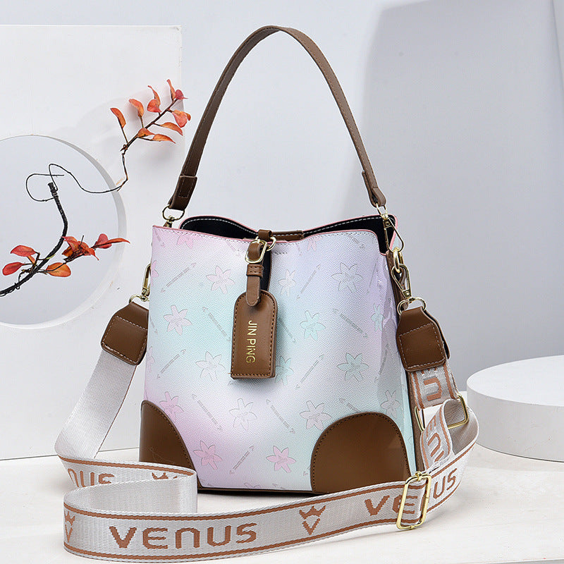Gradient Color Floral Print Shoulder Bag Zipper Adjustable Wide Strap Crossbody Bag Casual Bucket Bag
