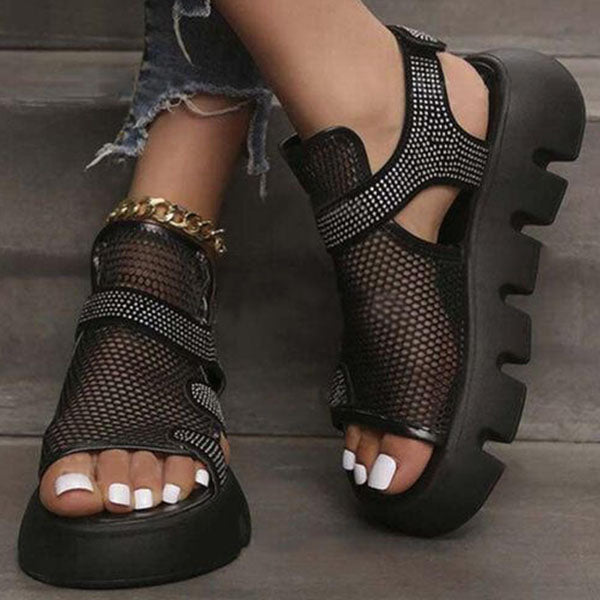 Black Shiny Velcro Strap Platform Heel Lug Sole Sandals