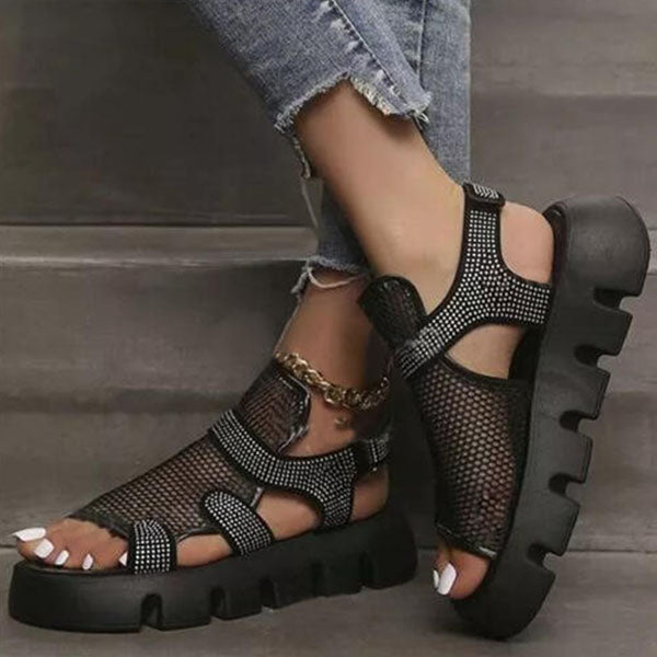 Black Shiny Velcro Strap Platform Heel Lug Sole Sandals