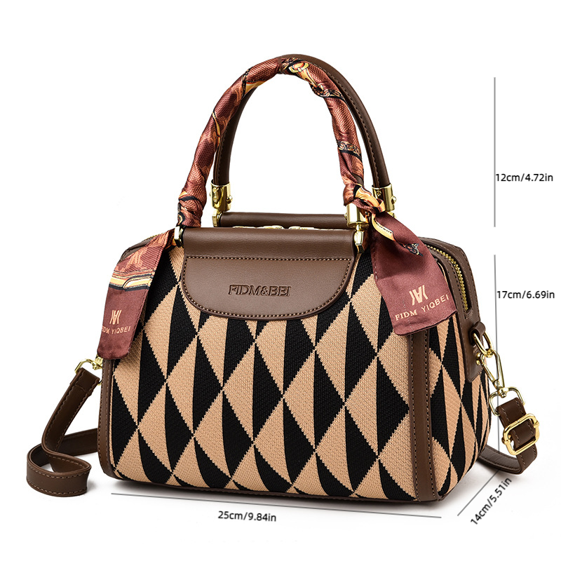 Geometric Pattern Boston Bag Retro PU Handbag Crossbody Bag Classic Satchel Bag & Shoulder Purse