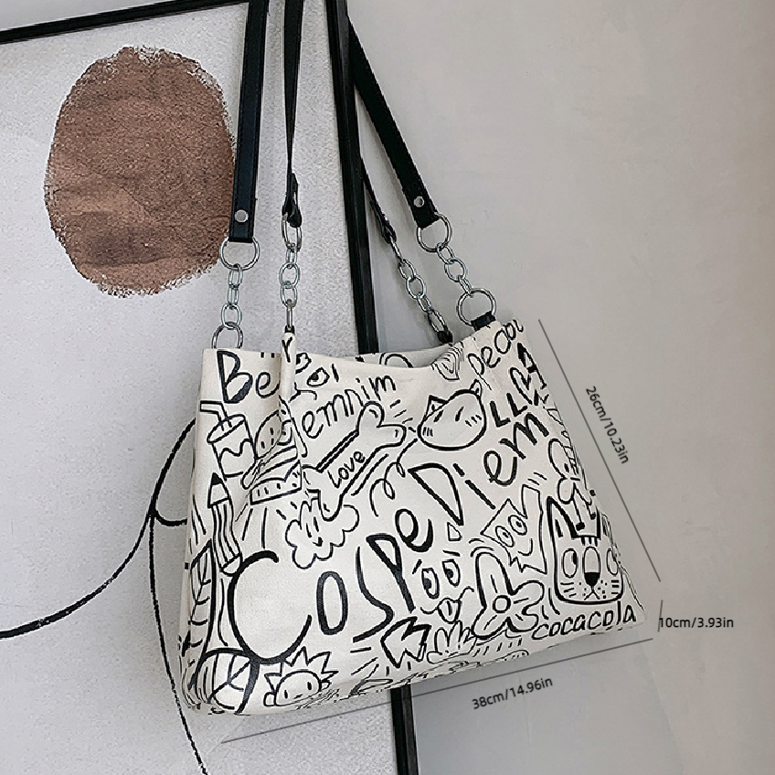 Casual Cartoon Tote Bag Canvas Large Capacity Shoulder Bag Satchel Bag For Daily Commuting