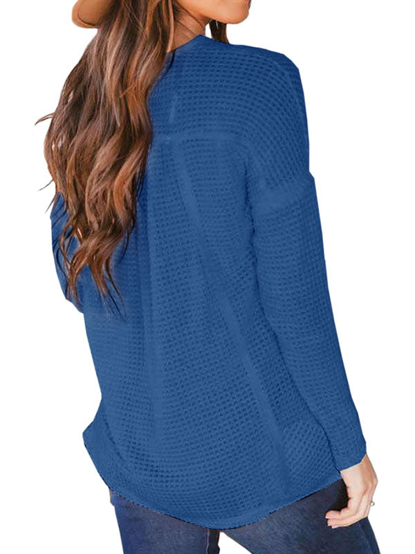 Women Waffle Knit V Neck Tunic Solid Color Tops Long Sleeve Button Shirts