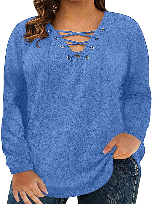Women's Plus Size Long Sleeve Top V Neck Tie Crossover T-Shirt