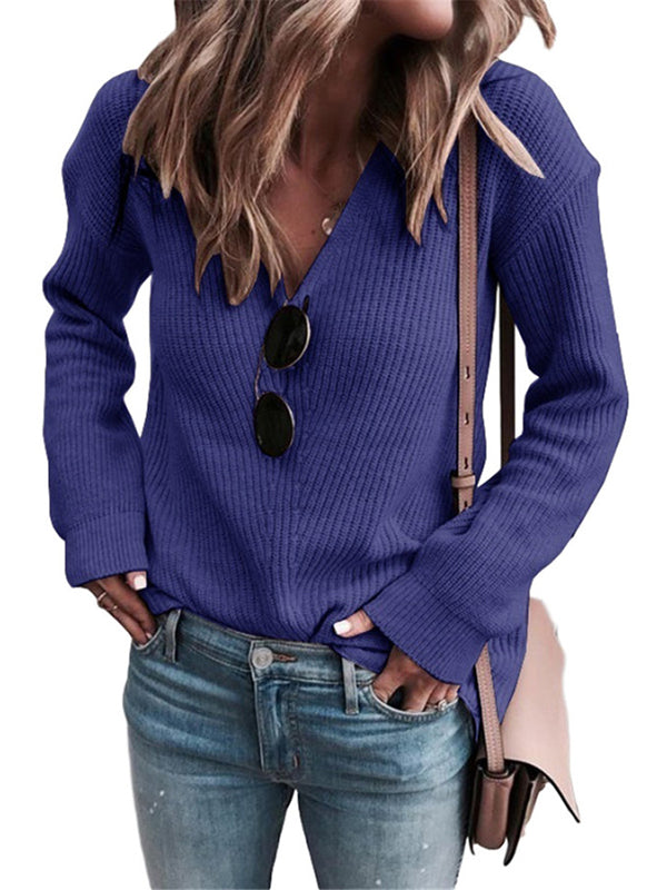 Women V Neck Basic Slim Fitted Ribbed Knit Sweater Long Sleeve Pullover Tops