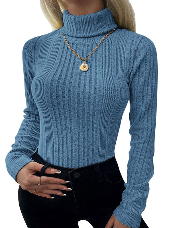 Women Slim Fit Turtleneck Knitted Sweaters Long Sleeve Solid Color Pullover Tops
