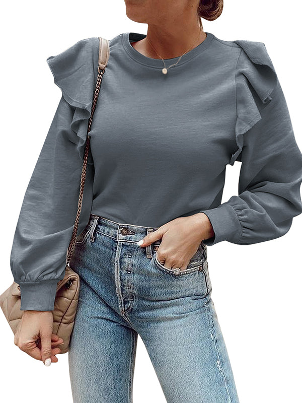 Women Ruffle Long Sleeve Shirts Round Neck Casual Plain Tops