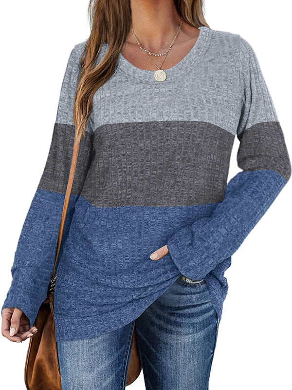 Women Color Block Tops Casual Long Sleeve Tunic Round Neck Pullover Shirts