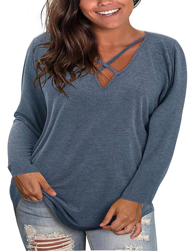 Women V Neck Solid Tops Criss Cross Long Sleeve T-Shirt Blouse