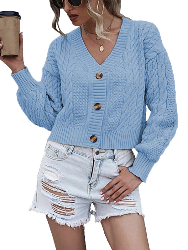 Women Long Sleeve V Neck Open Front Button Down Knit Cardigan Sweater
