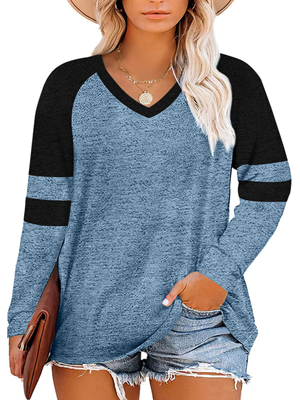 Women Casual V Neck Long Striped Sleeve T-Shirt Loose Casual Blouse