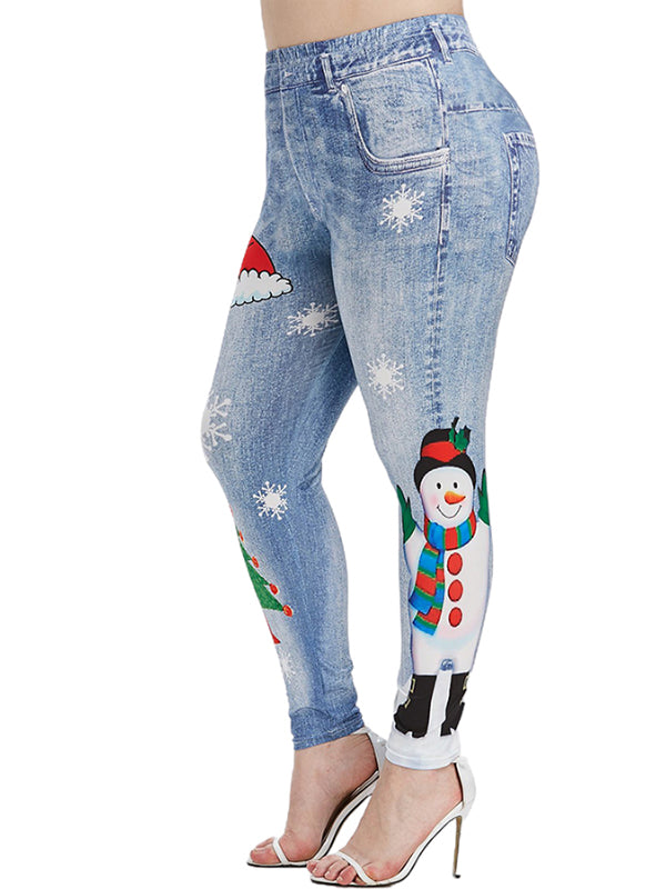 Women Stretch Cute Jeans Slim Fit Distressed Snowman Jeans Denim Pants