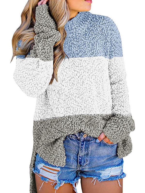 Women Fleece Knitted Texture Long Sleeve High Low Split Hem Pullover Sweaters