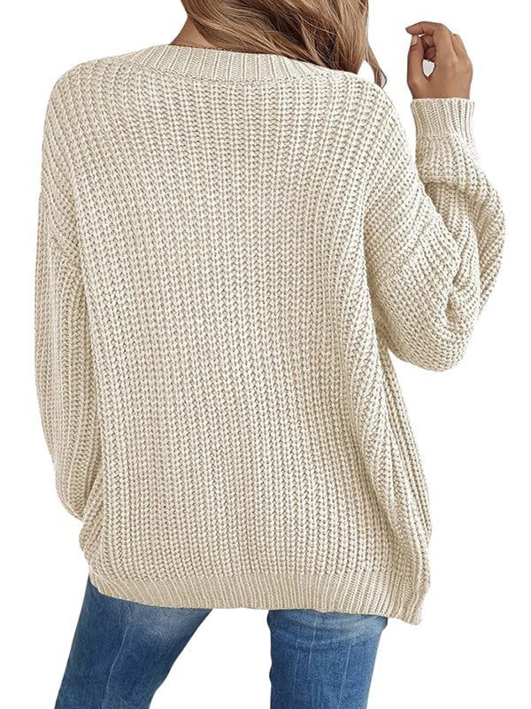 Women Button Down Long Lantern Sleeve Cardigan Sweaters V Neck Open Front Knit Sweater