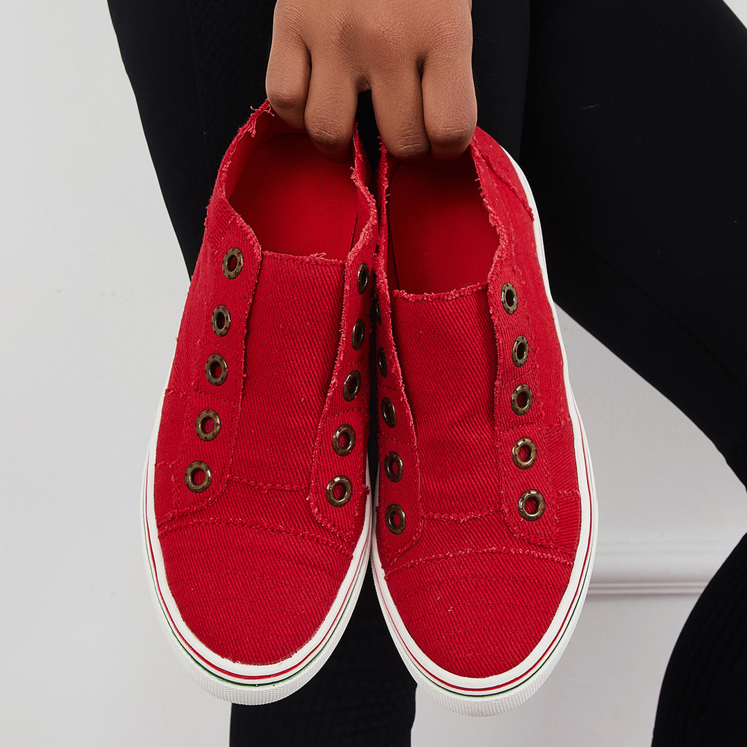Red Canvas Slip on Loafer Sneakers Flat Walking Shoes