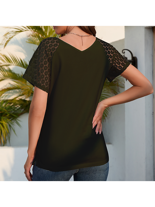 Short Sleeve Lace V Neck Loose Pullover Hollow-Out Blouses