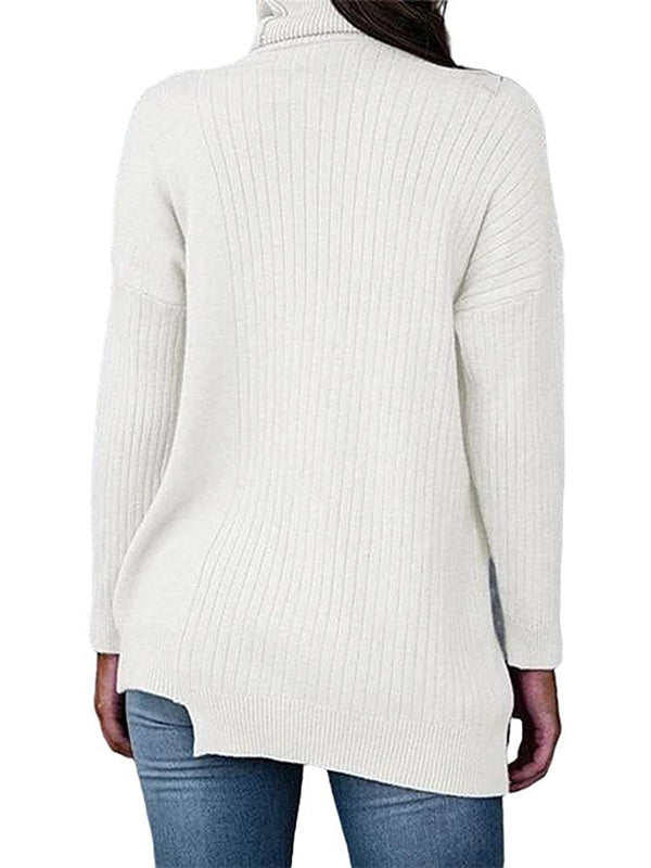 Women Turtleneck Knit Pullover Sweater Long Sleeve Button Decor Jumper Tops