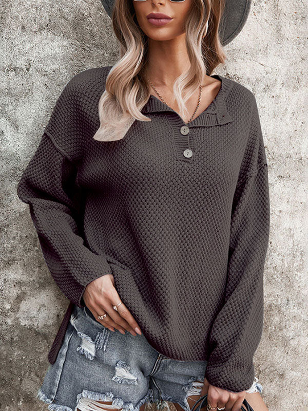 Women Waffle Knit V Neck Sweater Long Sleeve Side Slit Button Pullover Jumper Top