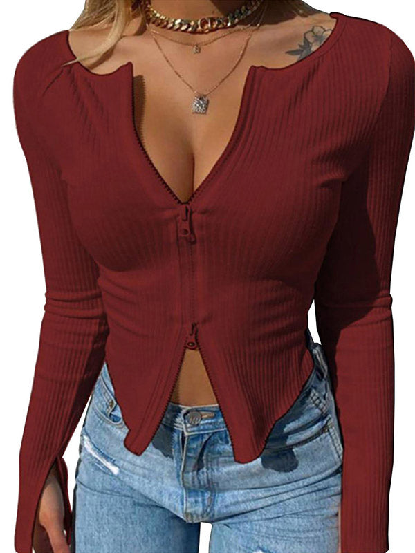 Women Ribbed Knitted Crop Top Zip Up Long Sleeve Tops T-Shirt for Party Streetwear