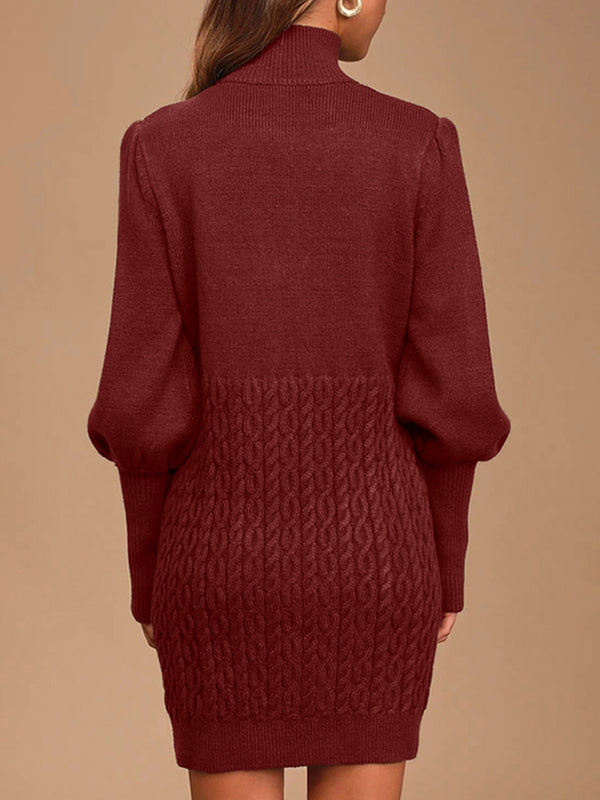 Women Turtleneck Long Lantern Sleeve Knit Chunky Pullover Fall Winter Sweater Dress