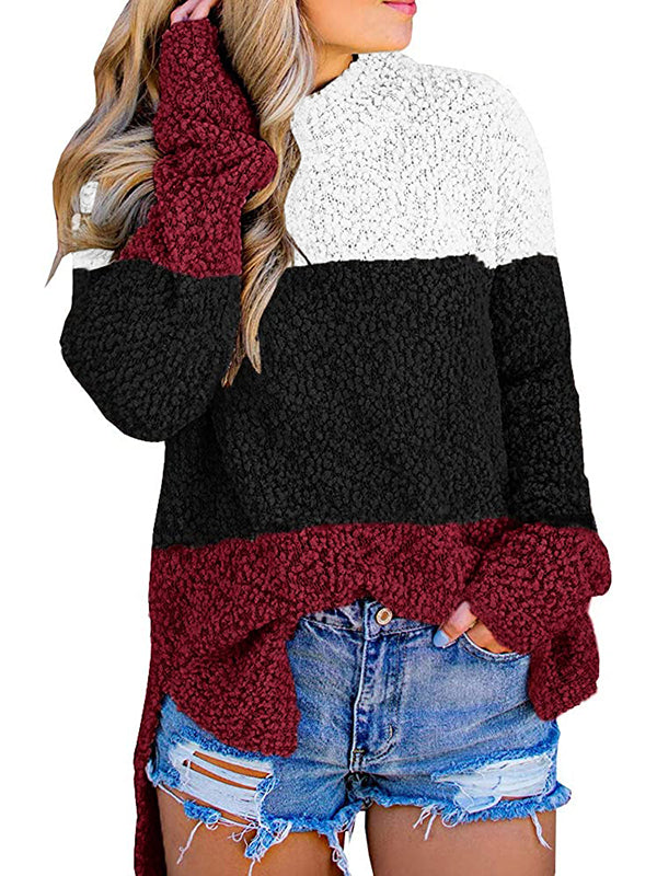 Women Fleece Knitted Texture Long Sleeve High Low Split Hem Pullover Sweaters