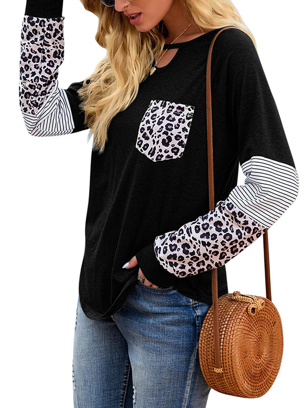 Womens Long Sleeve Cut Crewneck Sweatshirt Leopard Splicing Loose Pullover Tops