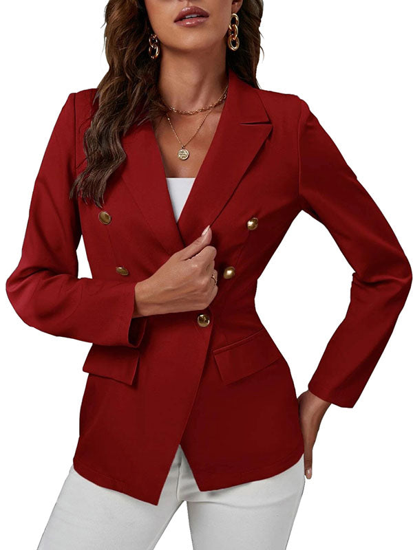 Women's Lapel Collar Long Sleeve Double Button Work Office Blazer Jackets