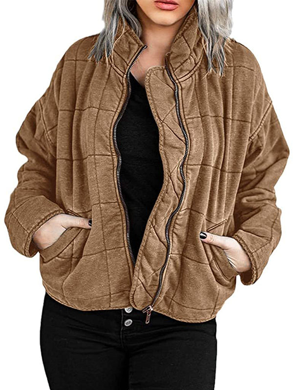 Women Long Sleeve Full-Zip Quilted Jacket Coat Warm Outerwear
