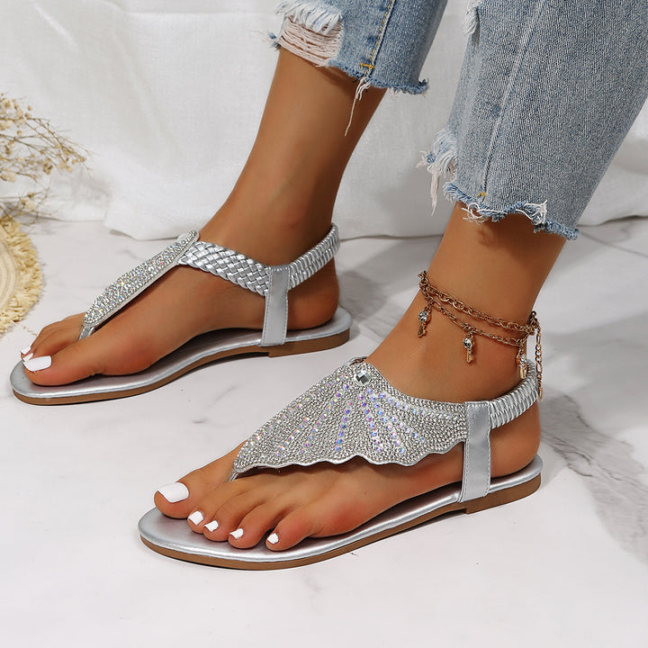 Shiny Rhinestone Elastic Ankle Strap Flat Thong Sandals