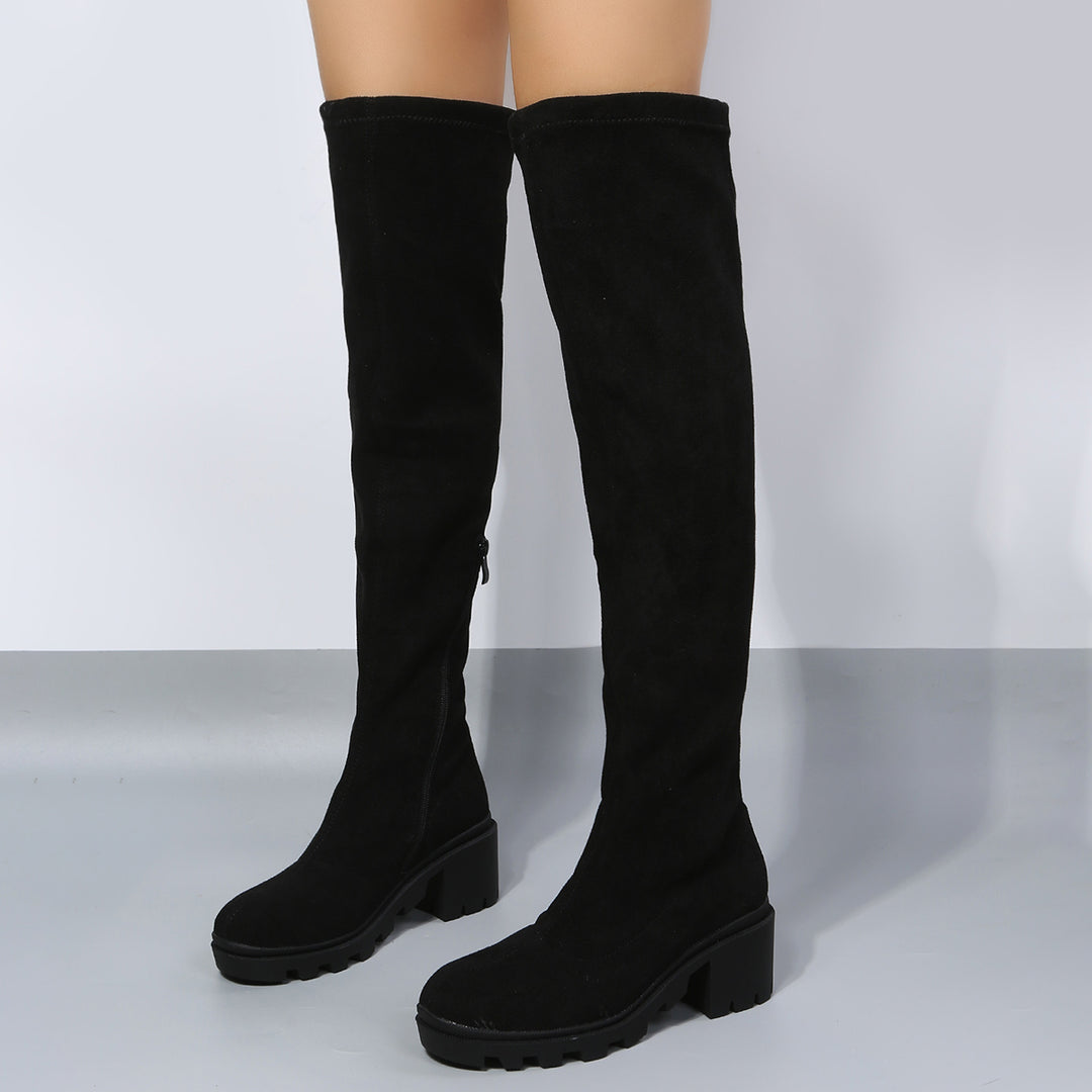 Black Stretch Over The Knee High Boots Chunky Block Heel Long Boots