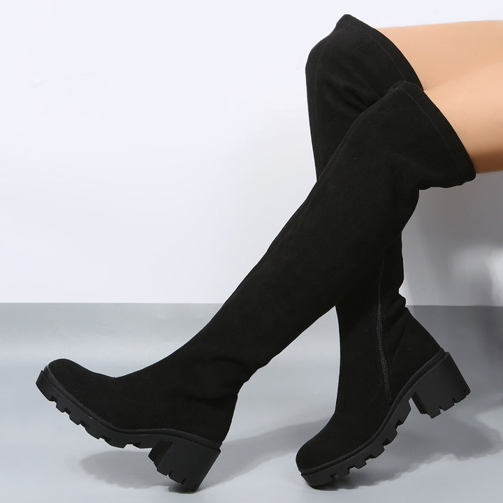 Black Stretch Over The Knee High Boots Chunky Block Heel Long Boots
